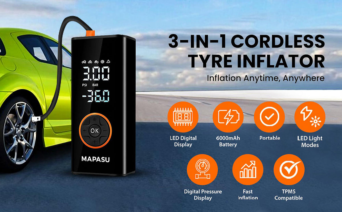 Mapasu Tyre Inflator Air Compressor – 150PSI Car Tyre Pump Cordless Portable Electric Bike Pump with Auto Shutoff, Digital Pressure Gauge, LED Light for Car Motorcycle Bicycle