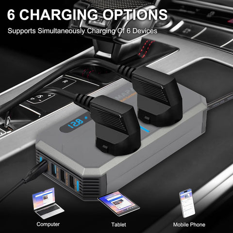 200W Car Power Inverter 12V to 240V, Portable DC to AC Converter with 2 UK Sockets & 4 USB Ports, Fast Charging Car Plug Adapter for Laptop/Phone/Small Electronics
