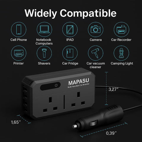 200W Car Power Inverter 12V to 240V, Portable DC to AC Converter with 2 UK Sockets & 4 USB Ports, Fast Charging Car Plug Adapter for Laptop/Phone/Small Electronics