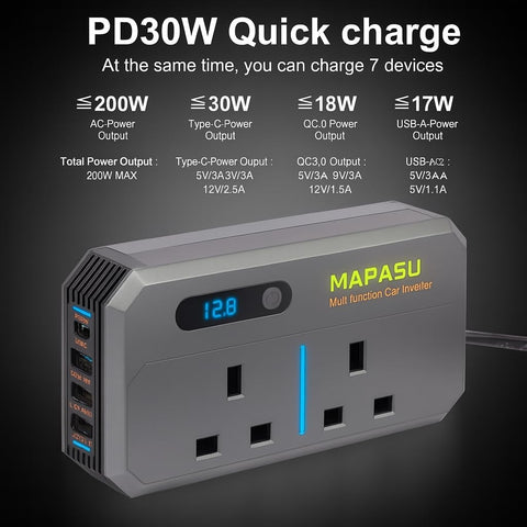 200W Car Power Inverter 12V to 240V, Portable DC to AC Converter with 2 UK Sockets & 4 USB Ports, Fast Charging Car Plug Adapter for Laptop/Phone/Small Electronics