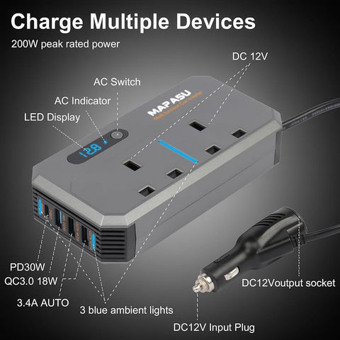200W Car Power Inverter 12V to 240V, Portable DC to AC Converter with 2 UK Sockets & 4 USB Ports, Fast Charging Car Plug Adapter for Laptop/Phone/Small Electronics