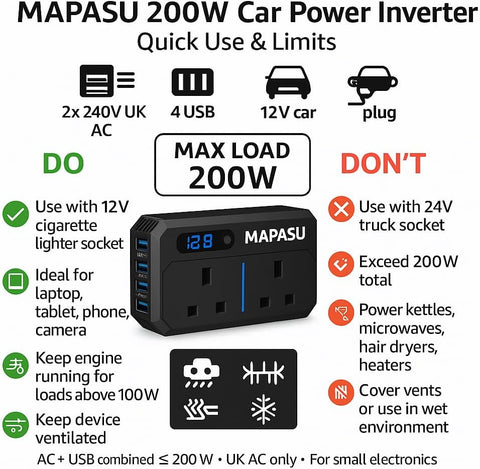 200W Car Power Inverter 12V to 240V, Portable DC to AC Converter with 2 UK Sockets & 4 USB Ports, Fast Charging Car Plug Adapter for Laptop/Phone/Small Electronics