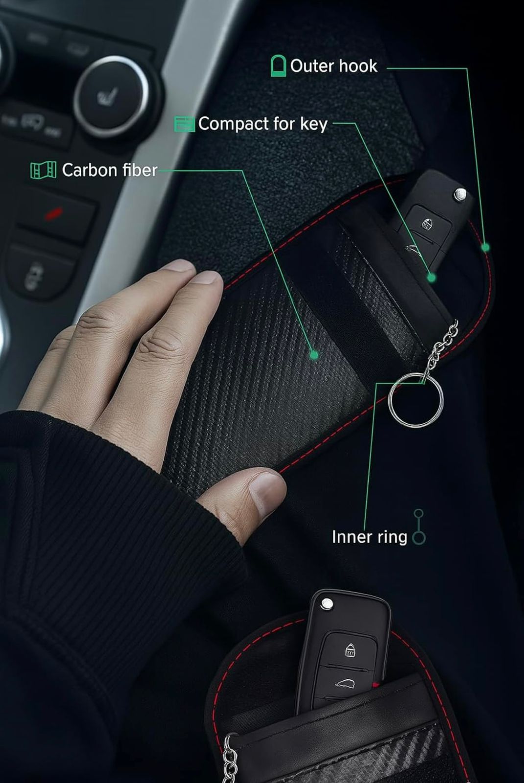 Mapasu Faraday Pouch for Car Keys – Signal Blocking RFID Case with Hook | Carbon Fiber Pattern, Waterproof Keyless Entry Protector, Black with Red Stitching (M)