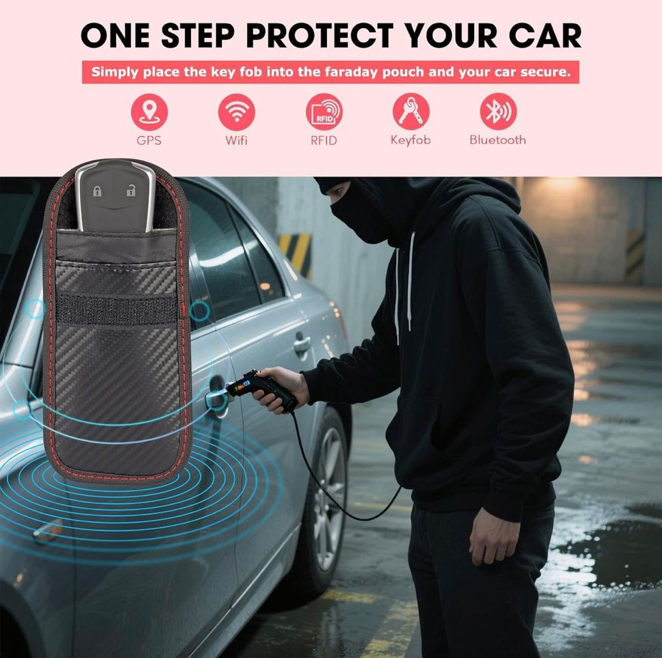 Mapasu Faraday Pouch for Car Keys – Signal Blocking RFID Case with Hook | Carbon Fiber Pattern, Waterproof Keyless Entry Protector, Black with Red Stitching (M)