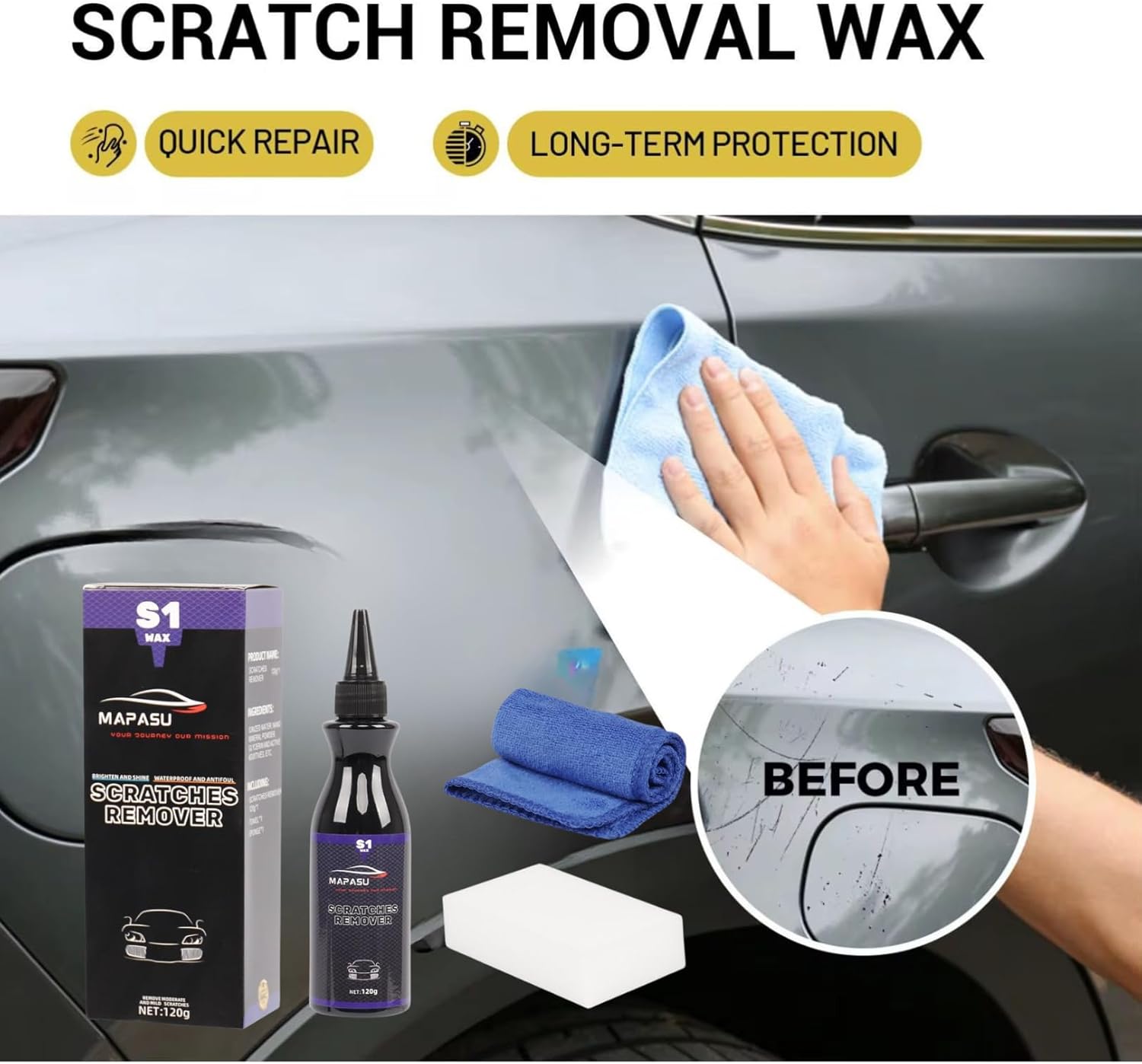 Car Scratch Remover – Auto Scratch Repair Wax & Car Paint Restorer, Swirl/Scuff Mark Remover kit with Microfibre Cloth & Sponge