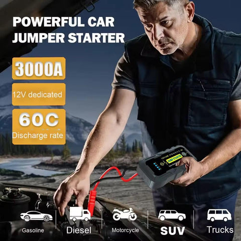 Car Jump Starter Power Pack – 3000A 12V Battery Booster with Jump Leads, USB Charger & LED Light – Compact Portable Power Bank for Flat Battery (Up to 6.0L Petrol or 4.0L Diesel)