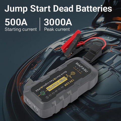 Car Jump Starter Power Pack – 3000A 12V Battery Booster with Jump Leads, USB Charger & LED Light – Compact Portable Power Bank for Flat Battery (Up to 6.0L Petrol or 4.0L Diesel)