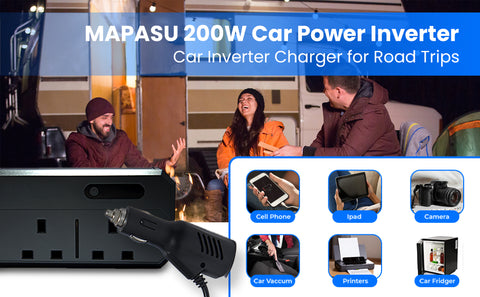 MAPASU 200W Car Power Inverter DC 12V to AC 230V – Voltage Converter with 2 UK Sockets & 4 USB Ports, Fast Charging Car Charger with Cigarette Lighter Plug – Ideal for Travel & Road Trips